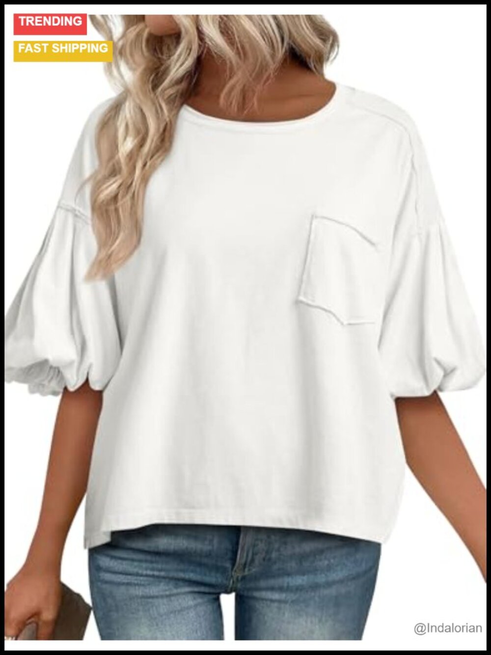 Puff Sleeve T-Shirt Loose Casual Crewneck Summer Top